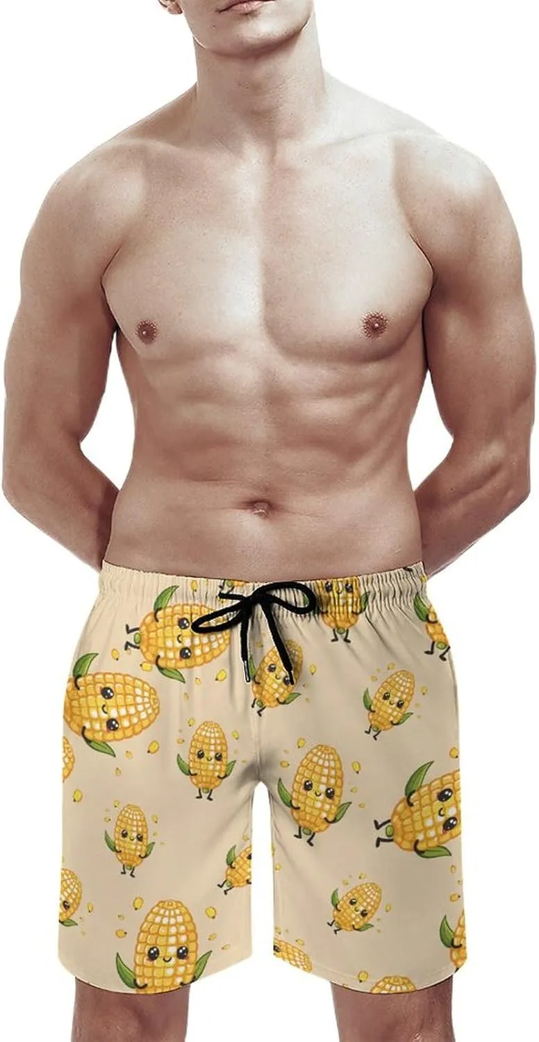 Cute Corn Men's Swim Trunks Quick Dry Board Shorts Breathable Summer Beach Shorts Bathing Suits