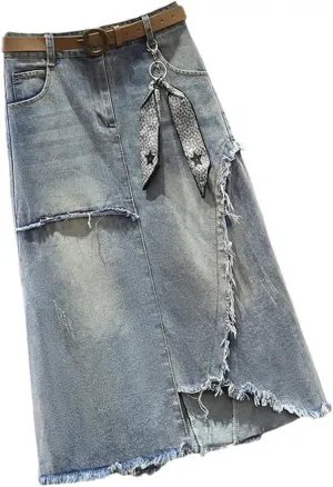 Denim Skirt Spring/Summer Elegant Irregular Jeans Skirt Women High Waisted A-Line Mid Length Skirt