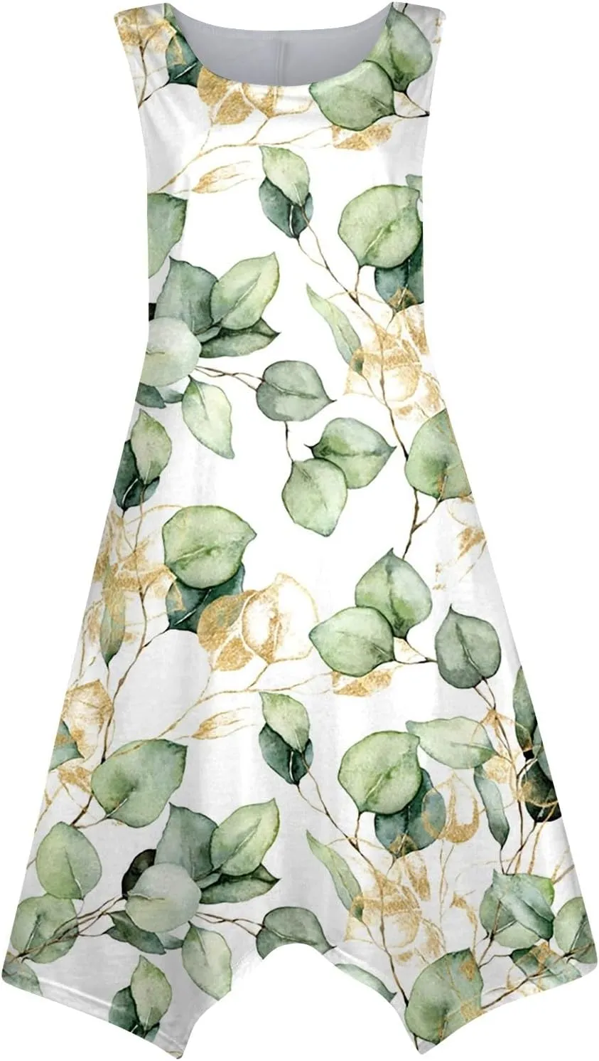 DOPOCQ Summer Dresses for Women 2024 Elegant Print Swing Hem Tank Midi Dresses Casual Plus Size Sleeveless Crewneck Sundress