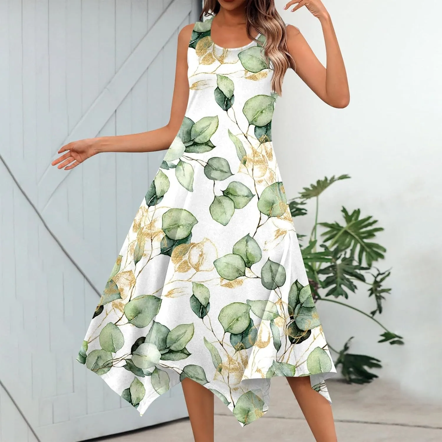DOPOCQ Summer Dresses for Women 2024 Elegant Print Swing Hem Tank Midi Dresses Casual Plus Size Sleeveless Crewneck Sundress