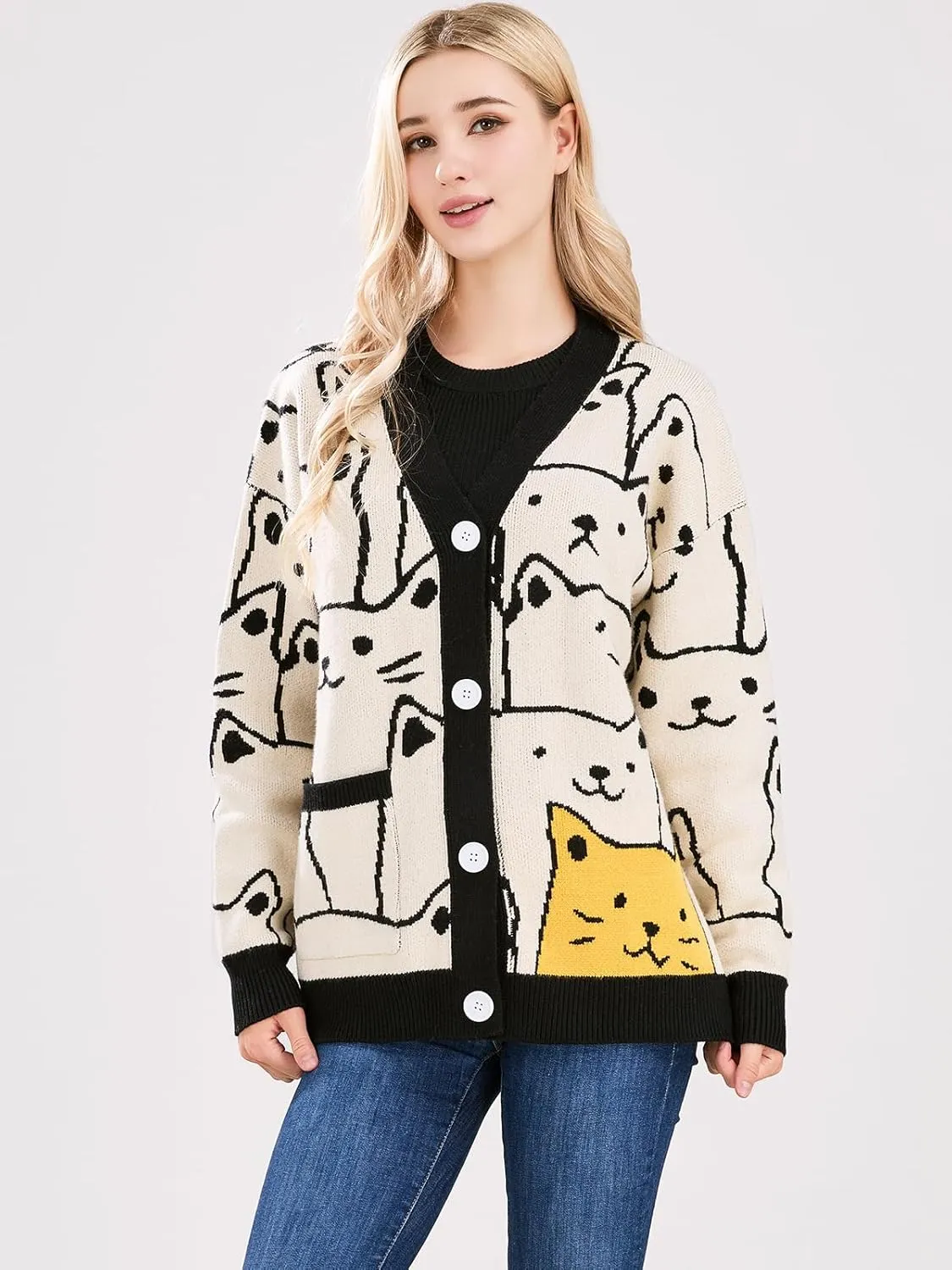 ebossy Women's Kawaii Cartoon Cat Cardigan Japanese Aesthetic Button Down Jacquard Knit Sweater Coat