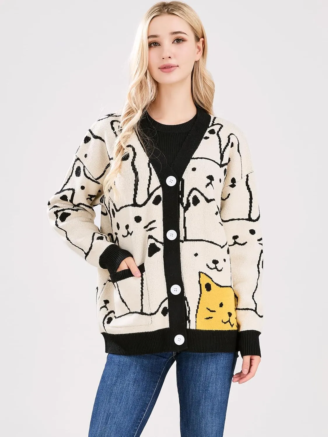 ebossy Women's Kawaii Cartoon Cat Cardigan Japanese Aesthetic Button Down Jacquard Knit Sweater Coat