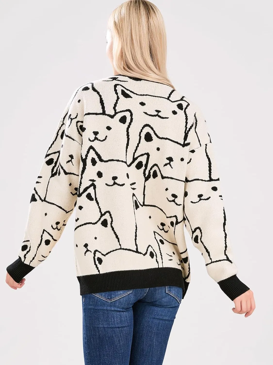 ebossy Women's Kawaii Cartoon Cat Cardigan Japanese Aesthetic Button Down Jacquard Knit Sweater Coat