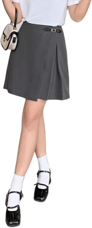 ELDINA Summer Short Mini Skirts For Women 2024 College Side Button Pleated Midi Skirt