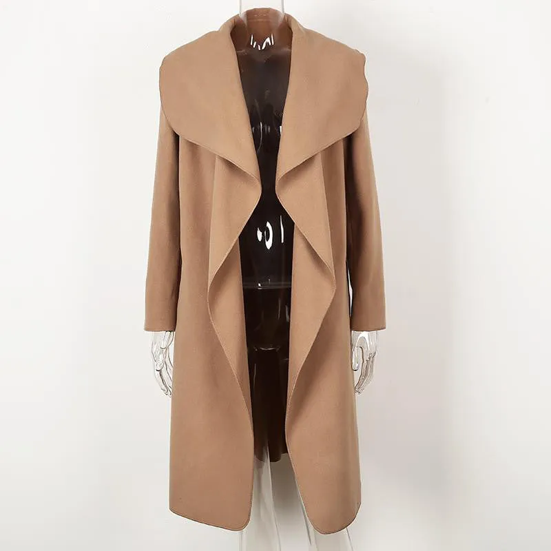 Elegant Belted Coat With Turn-Down Collar