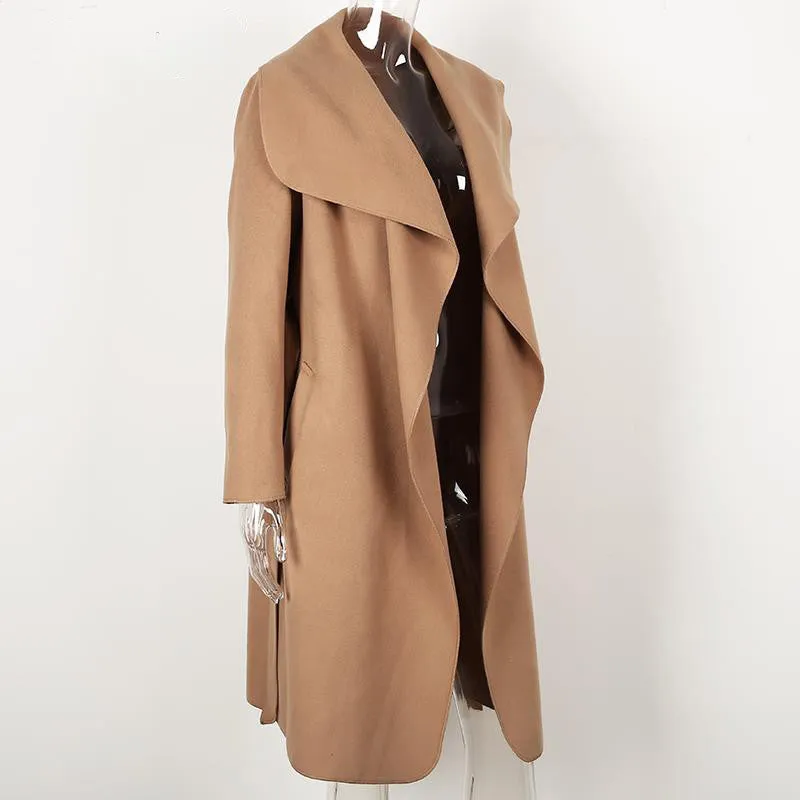 Elegant Belted Coat With Turn-Down Collar
