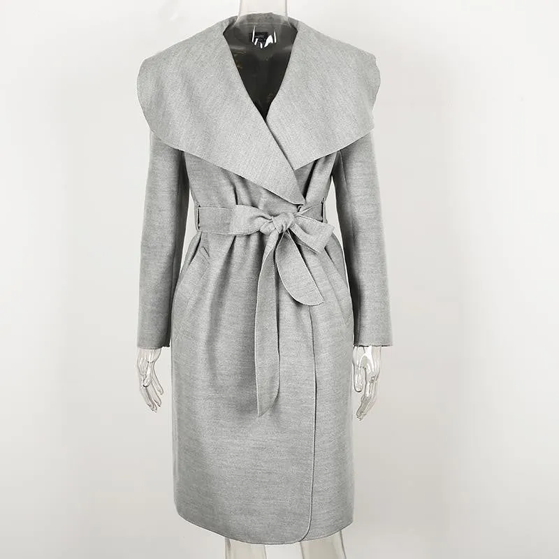 Elegant Belted Coat With Turn-Down Collar