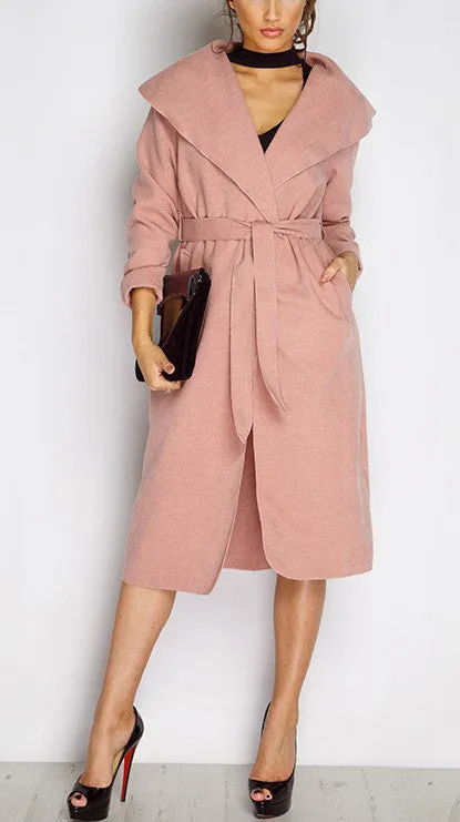 Elegant Belted Coat With Turn-Down Collar