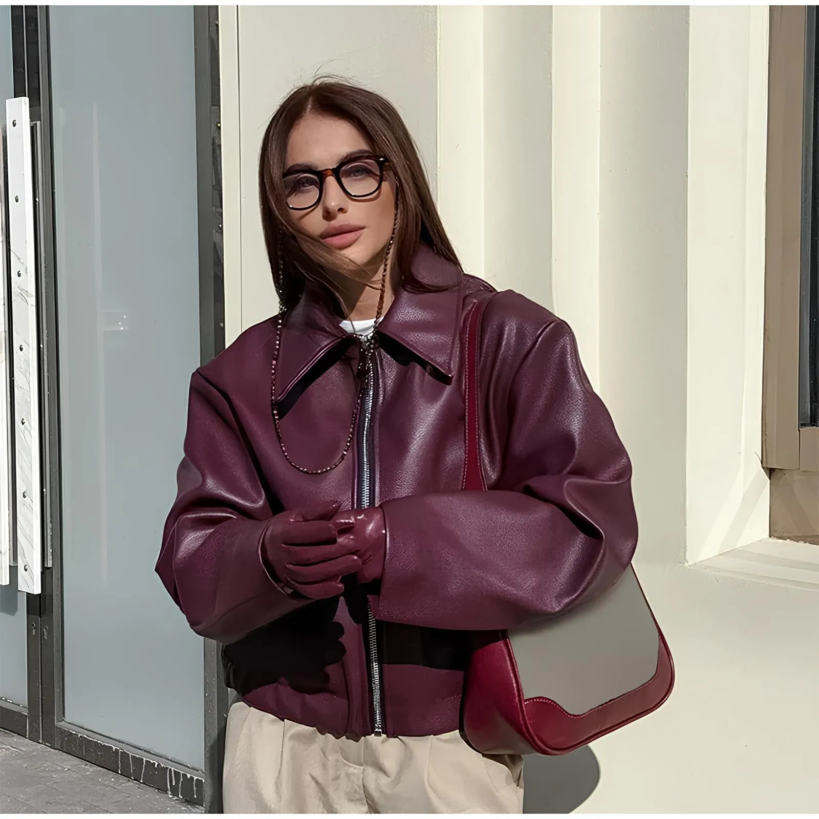 Elegant Burgundy Faux Leather Jacket  A Chic Streetwear Essential