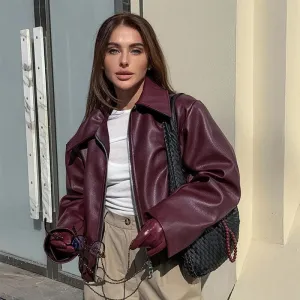 Elegant Burgundy Faux Leather Jacket  A Chic Streetwear Essential