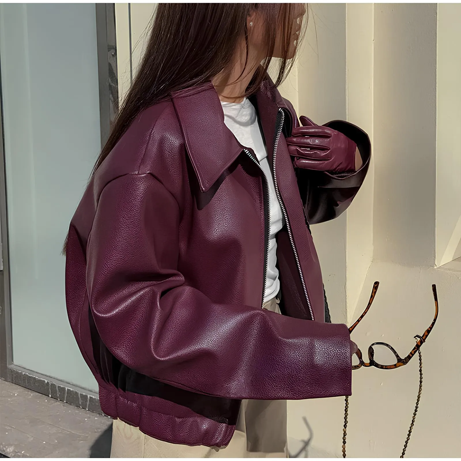 Elegant Burgundy Faux Leather Jacket  A Chic Streetwear Essential