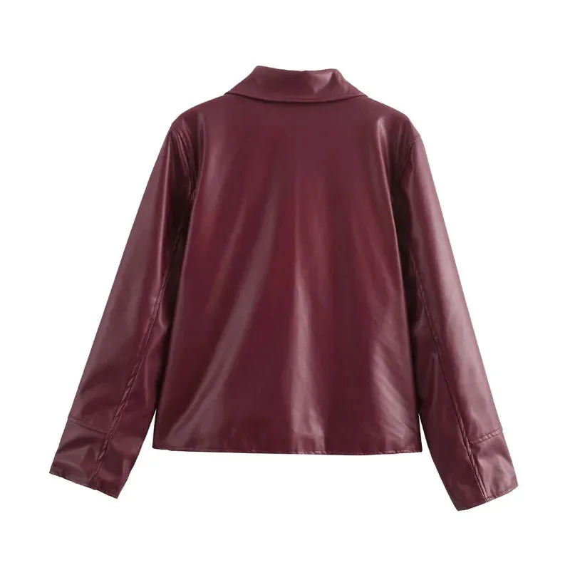 Elegant Burgundy Faux Leather Jacket  A Chic Streetwear Essential