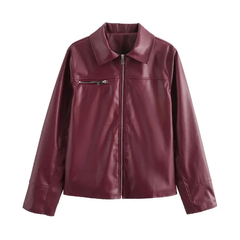 Elegant Burgundy Faux Leather Jacket  A Chic Streetwear Essential