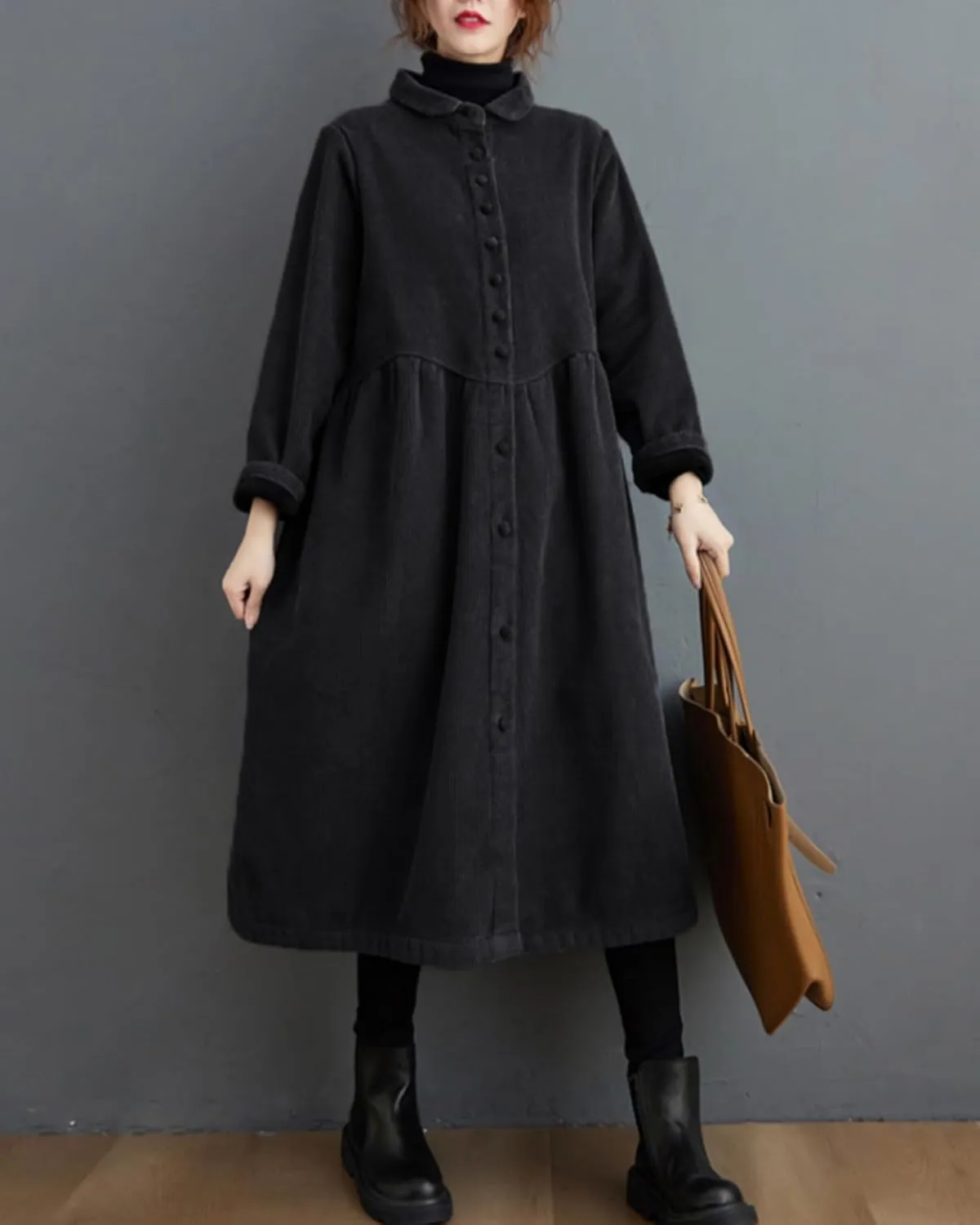 ellazhu Women's Baggy Lapel Solid Thickened Button Down Corduroy Trench Coat GZ53