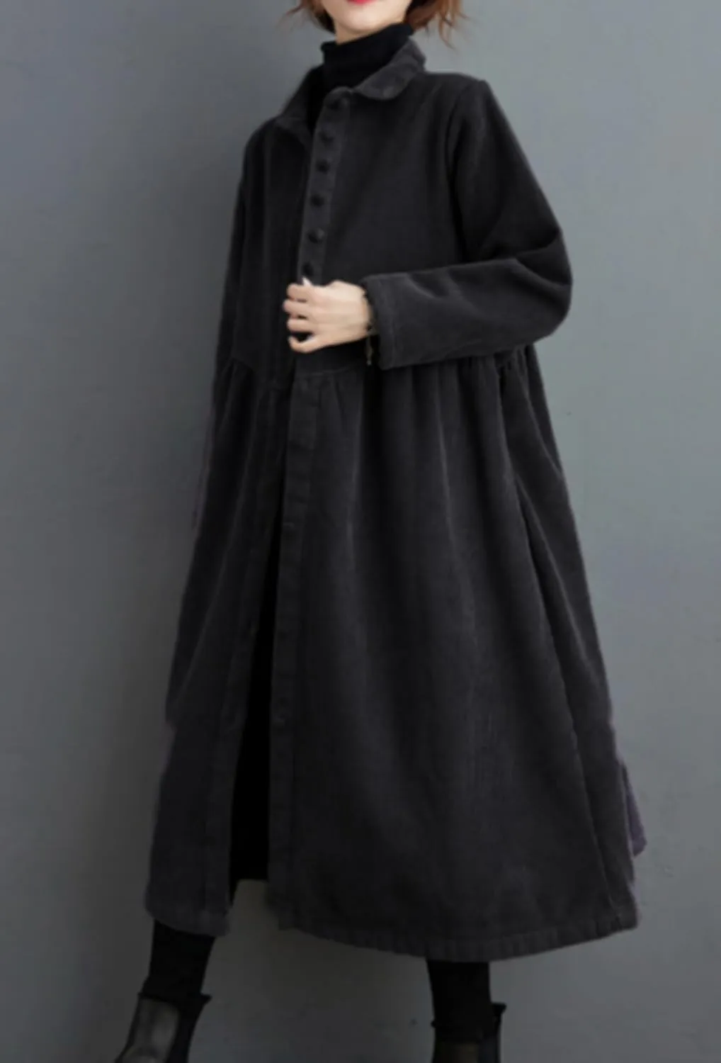 ellazhu Women's Baggy Lapel Solid Thickened Button Down Corduroy Trench Coat GZ53