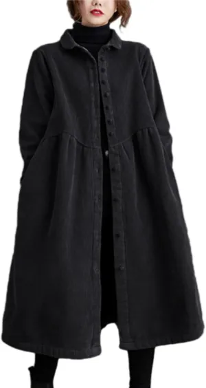 ellazhu Women's Baggy Lapel Solid Thickened Button Down Corduroy Trench Coat GZ53