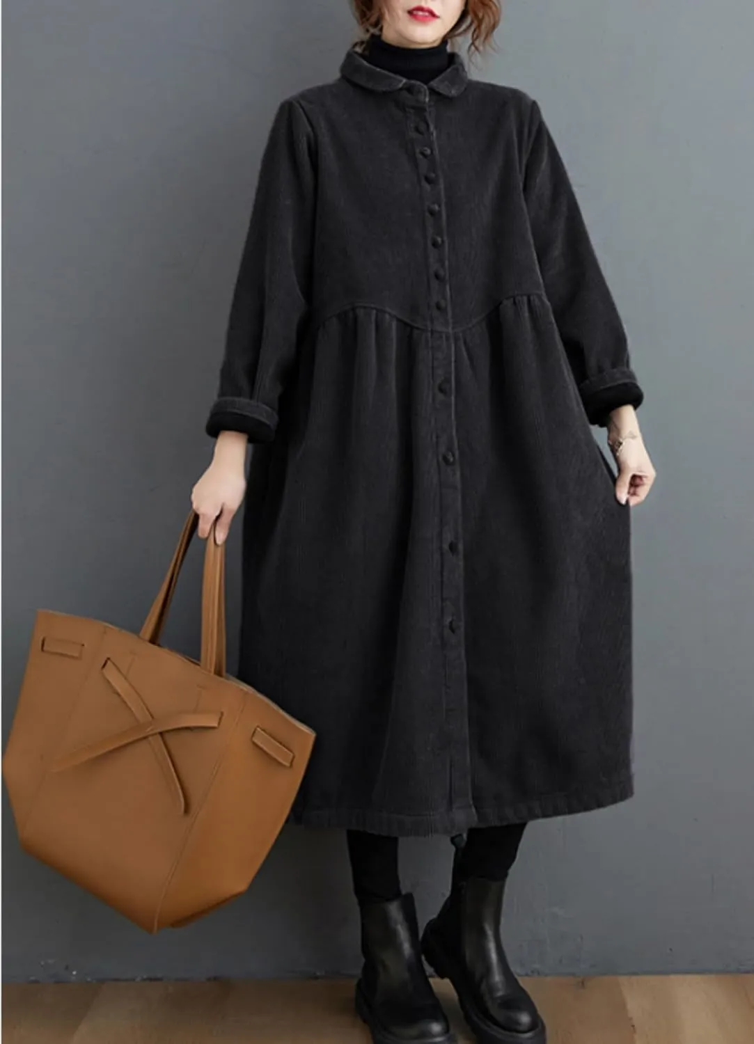 ellazhu Women's Baggy Lapel Solid Thickened Button Down Corduroy Trench Coat GZ53