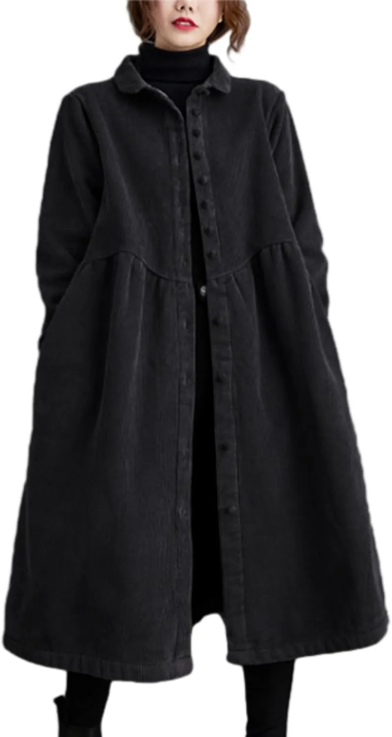 ellazhu Women's Baggy Lapel Solid Thickened Button Down Corduroy Trench Coat GZ53