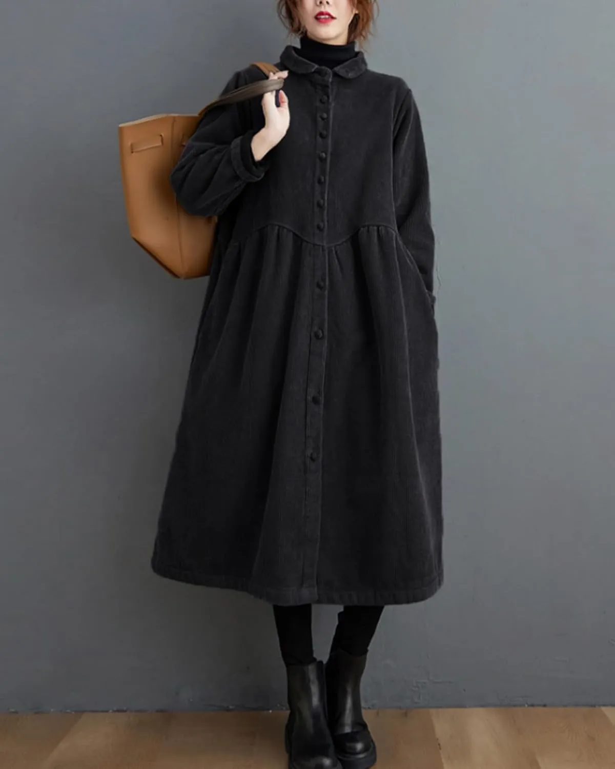 ellazhu Women's Baggy Lapel Solid Thickened Button Down Corduroy Trench Coat GZ53