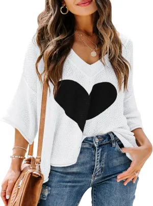 Ermonn Womens Cute Heart Sweater V Neck Crochet Knit Off Shoulder 3/4 Sleeve Pullover Tops Shirts