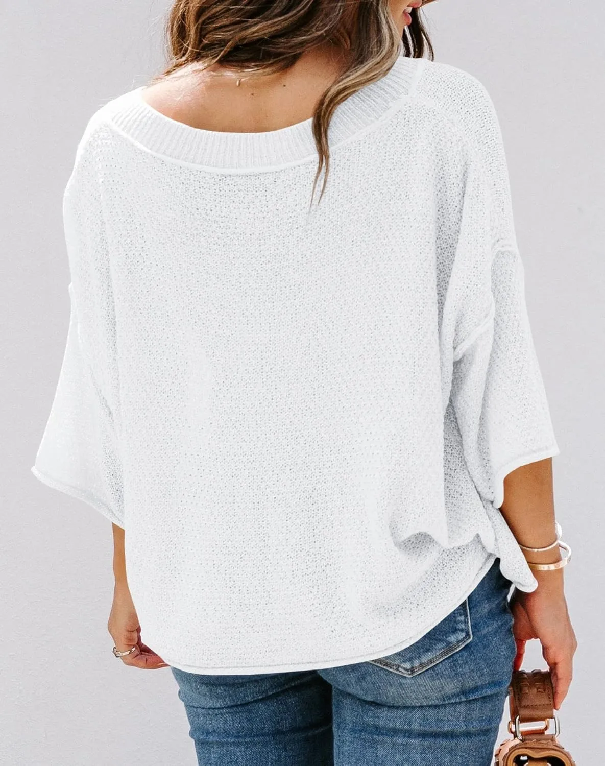 Ermonn Womens Cute Heart Sweater V Neck Crochet Knit Off Shoulder 3/4 Sleeve Pullover Tops Shirts