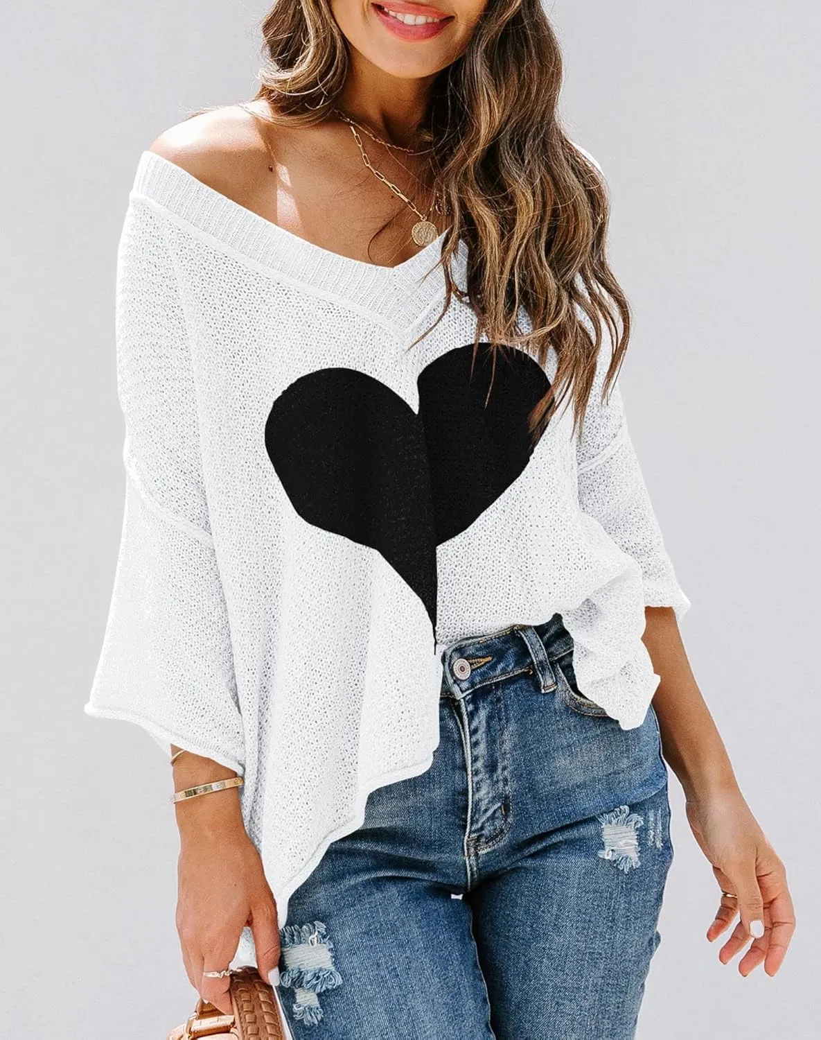 Ermonn Womens Cute Heart Sweater V Neck Crochet Knit Off Shoulder 3/4 Sleeve Pullover Tops Shirts
