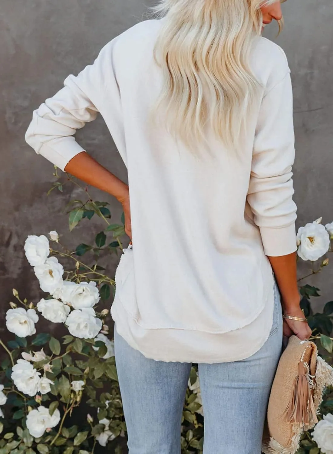 EVALESS Sweatshirt for Women Casual Solid Color Crewneck Long Sleeve Side Split Tops Loose Fit Pullover Shirts