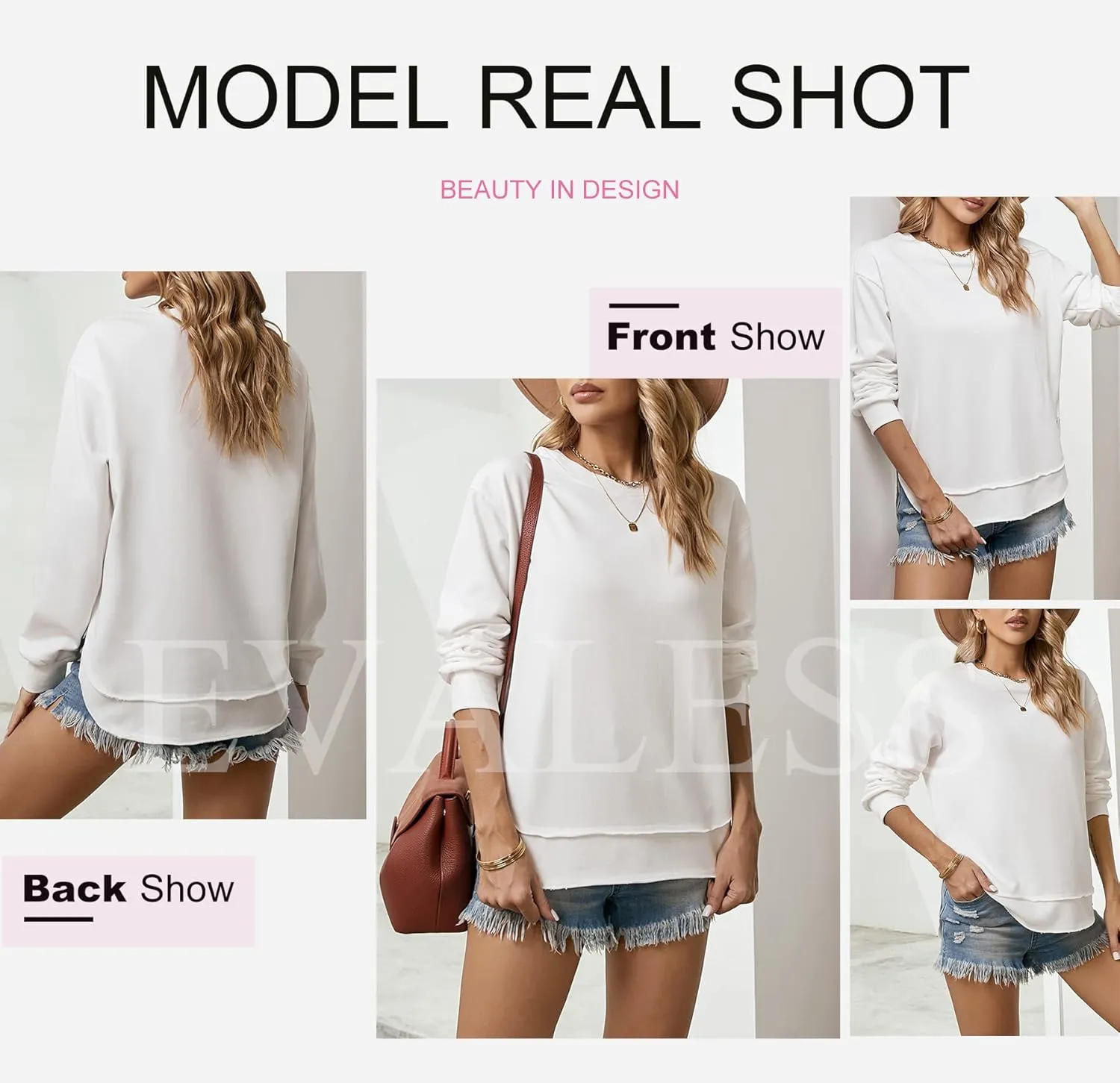 EVALESS Sweatshirt for Women Casual Solid Color Crewneck Long Sleeve Side Split Tops Loose Fit Pullover Shirts