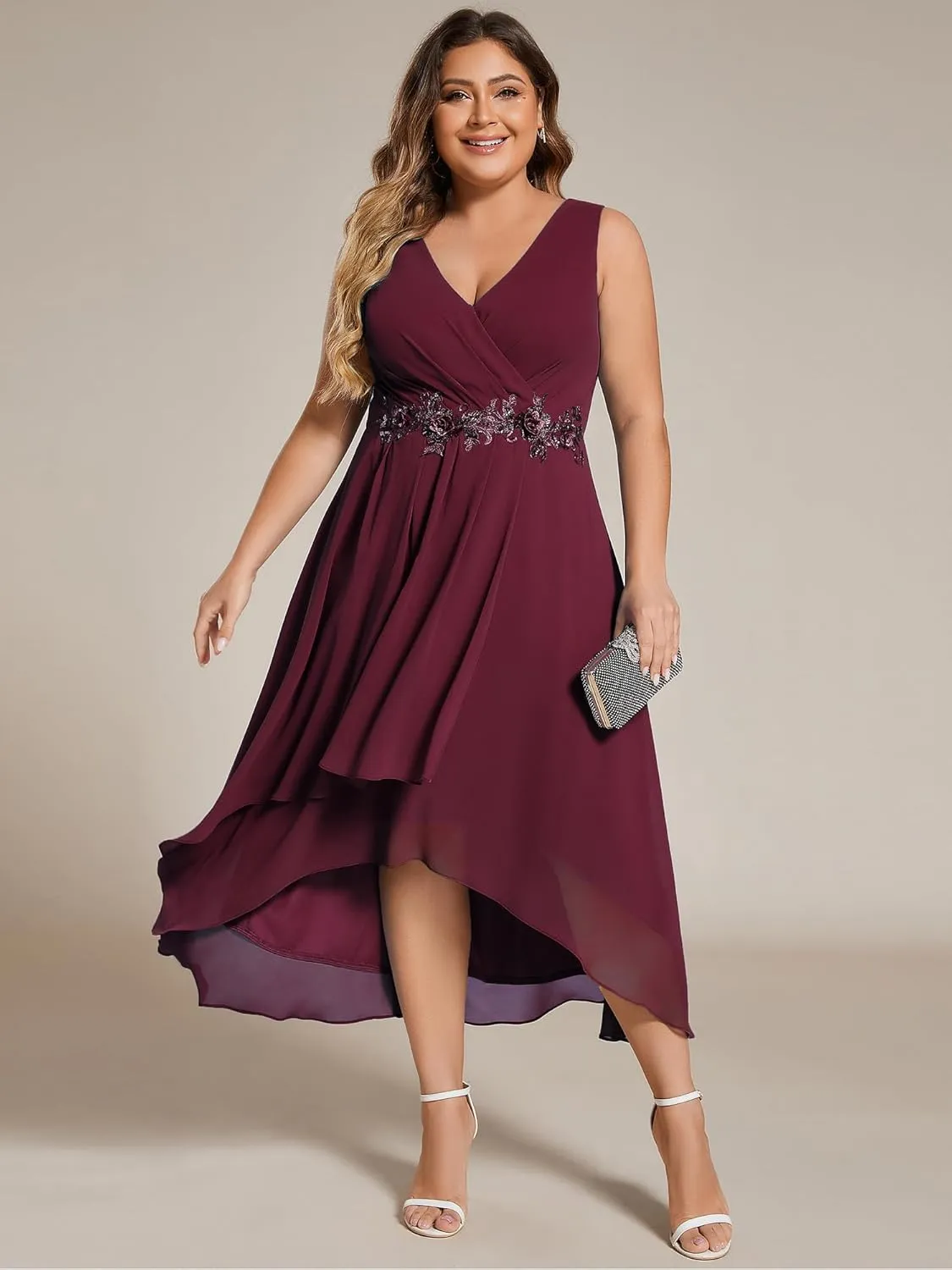 Ever-Pretty Women's Summer Chiffon Sleeveless V Neck Applique Plus Size High Low Formal Wedding Guest Dresses 41926-DA