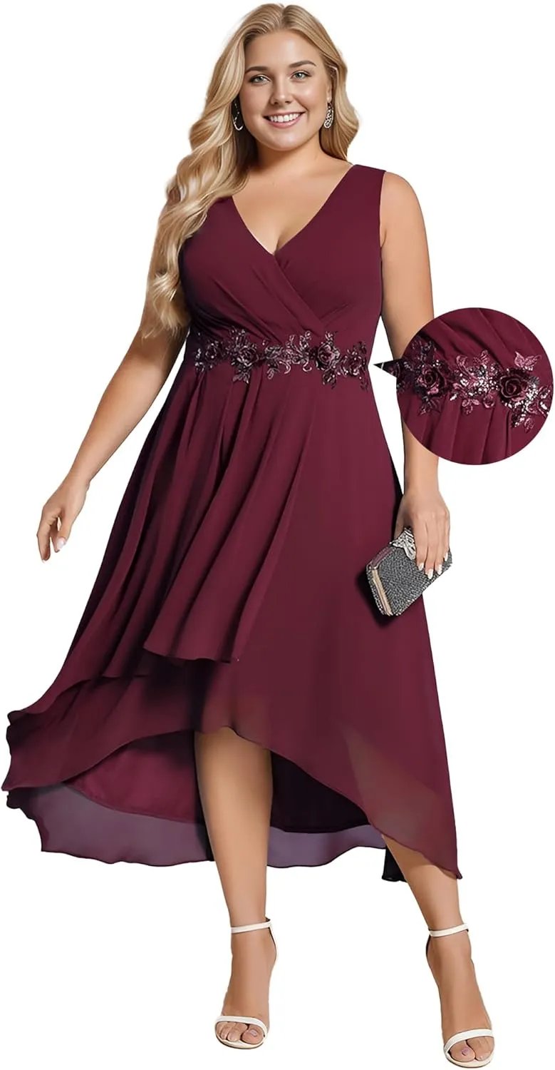 Ever-Pretty Women's Summer Chiffon Sleeveless V Neck Applique Plus Size High Low Formal Wedding Guest Dresses 41926-DA