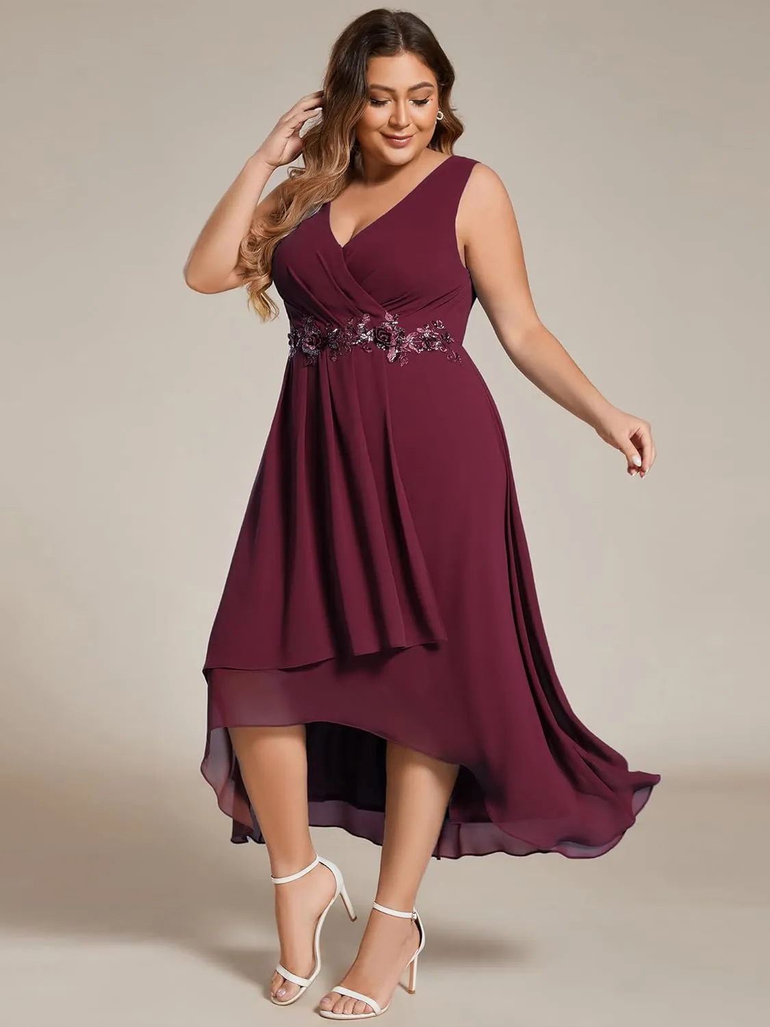 Ever-Pretty Women's Summer Chiffon Sleeveless V Neck Applique Plus Size High Low Formal Wedding Guest Dresses 41926-DA