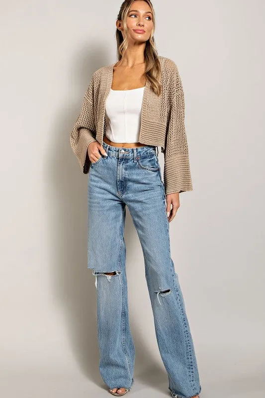 Eyelet Knit Cropped Long Sleeve Cardigan
