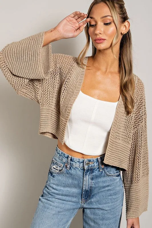 Eyelet Knit Cropped Long Sleeve Cardigan