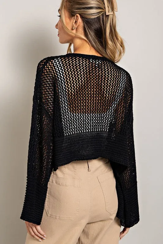 Eyelet Knit Cropped Long Sleeve Cardigan