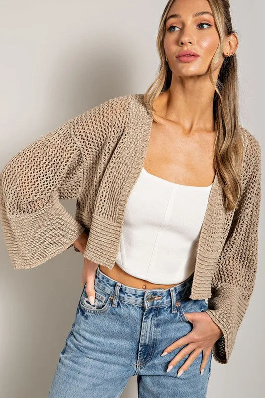 Eyelet Knit Cropped Long Sleeve Cardigan