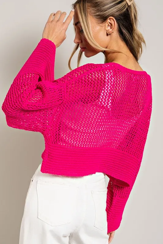 Eyelet Knit Cropped Long Sleeve Cardigan