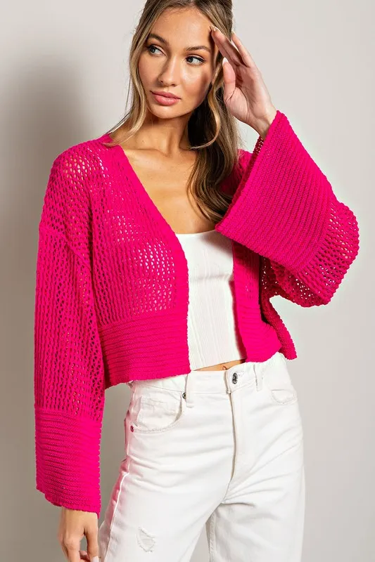 Eyelet Knit Cropped Long Sleeve Cardigan