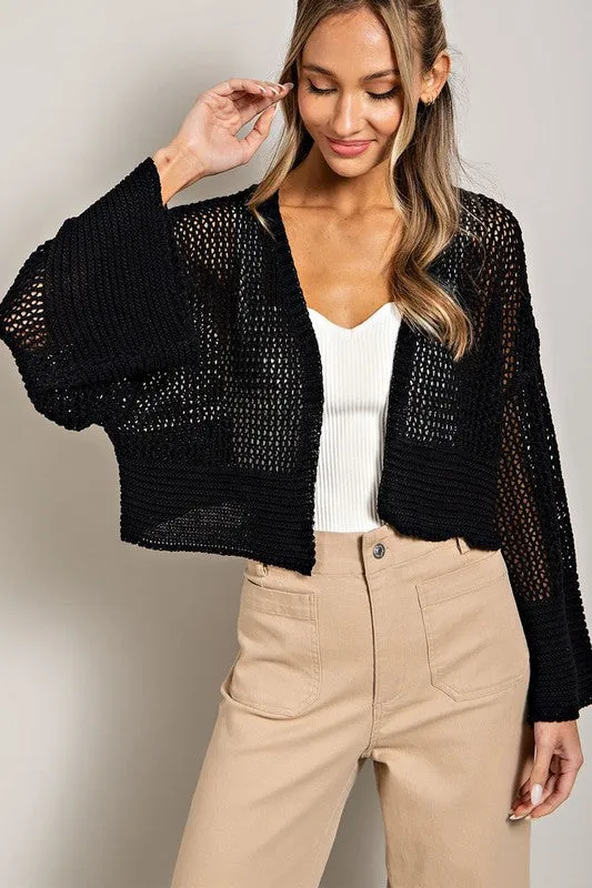 Eyelet Knit Cropped Long Sleeve Cardigan