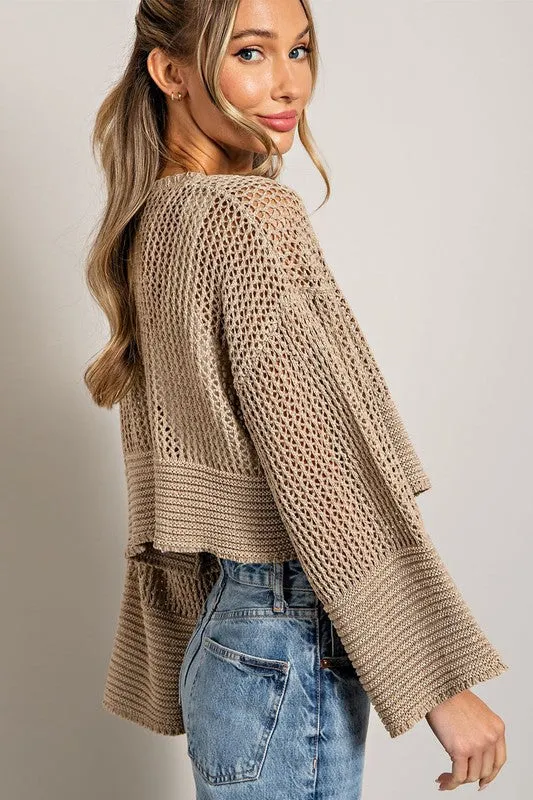 Eyelet Knit Cropped Long Sleeve Cardigan