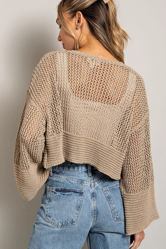 Eyelet Knit Cropped Long Sleeve Cardigan