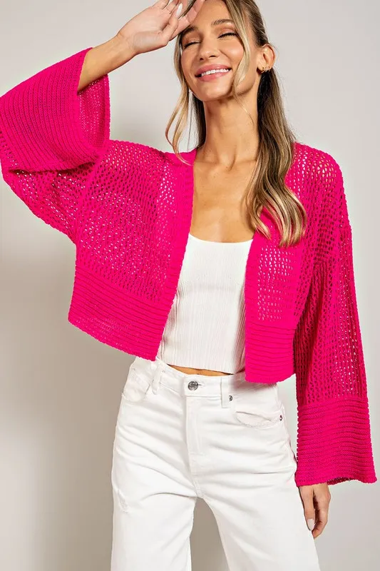 Eyelet Knit Cropped Long Sleeve Cardigan