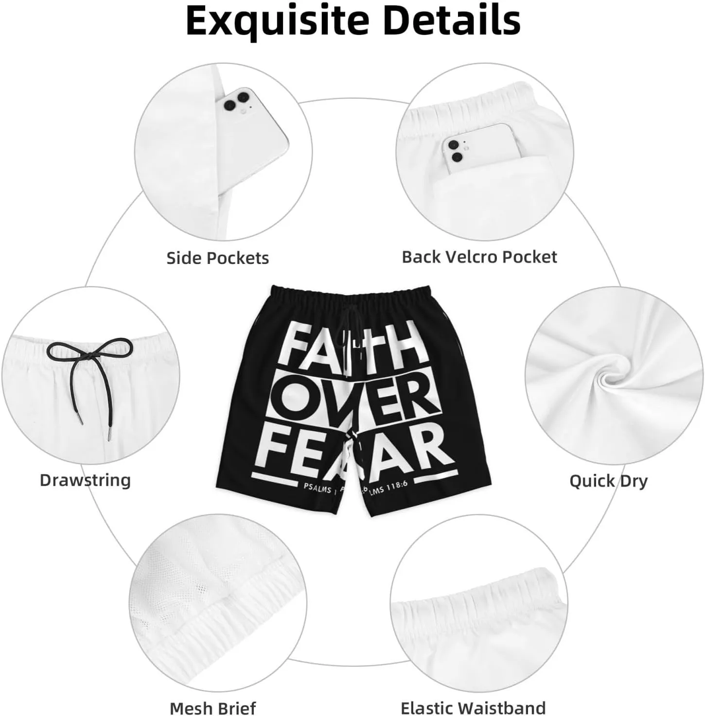 Faith Over Fear Bible Scripture Verse Christian Trunks Mens Beach Trunks Quick Dry Swimming Shorts Board Shorts