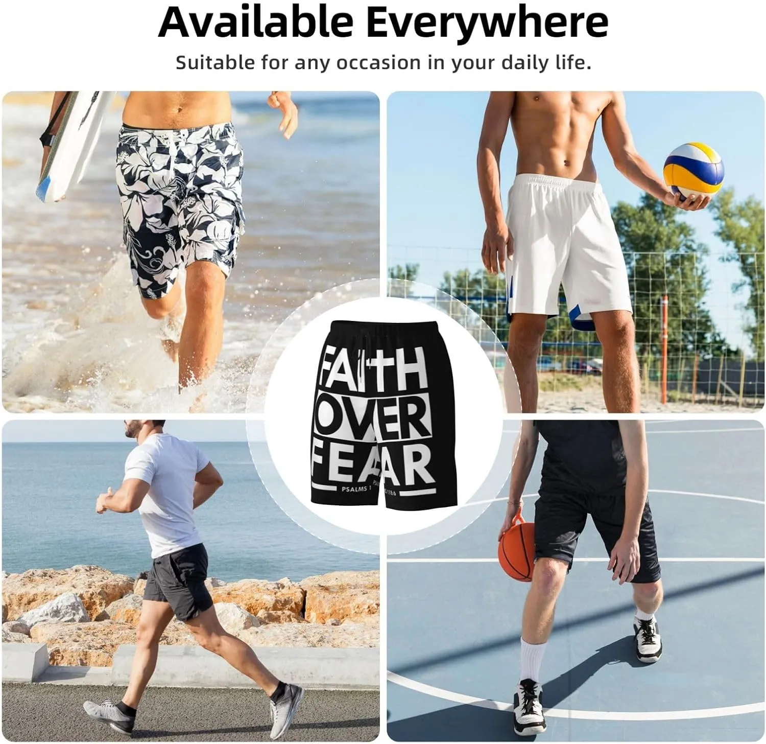Faith Over Fear Bible Scripture Verse Christian Trunks Mens Beach Trunks Quick Dry Swimming Shorts Board Shorts