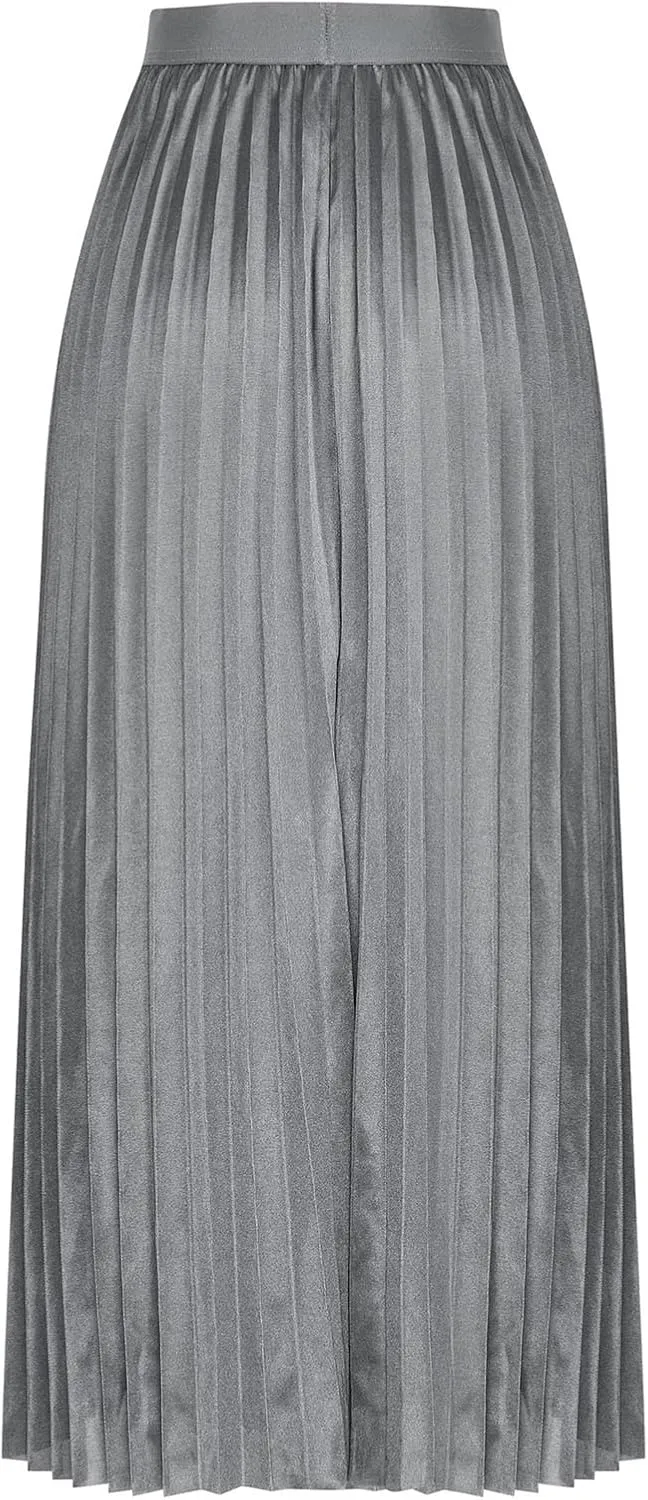 fartey Womens Satin Skirt High Elastic Waist Pleated Midi Skirts Long Swing Ruffled Flare Casual Fall Winter Skirt