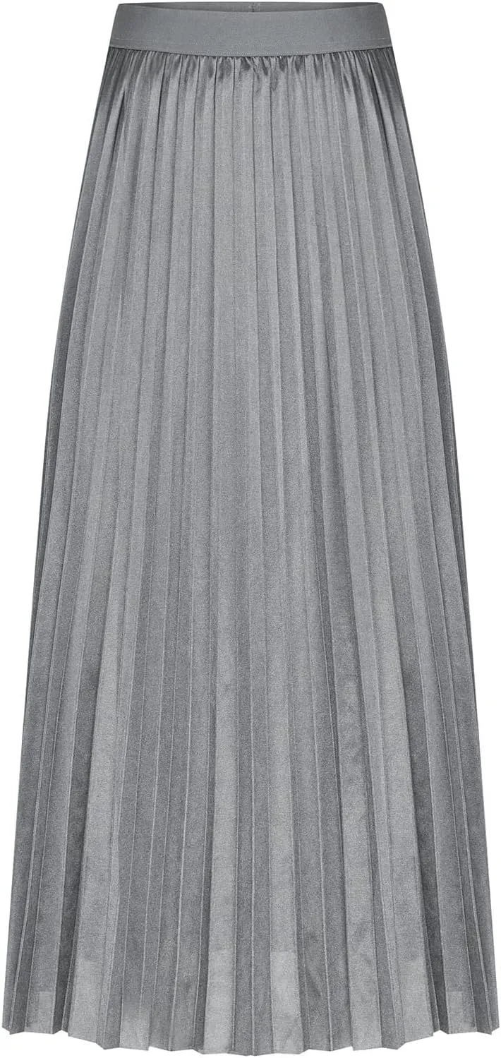 fartey Womens Satin Skirt High Elastic Waist Pleated Midi Skirts Long Swing Ruffled Flare Casual Fall Winter Skirt