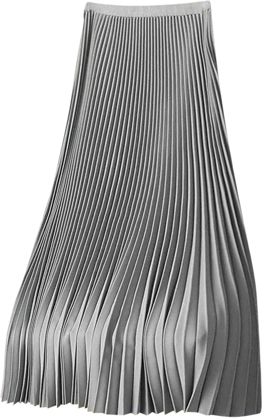 fartey Womens Satin Skirt High Elastic Waist Pleated Midi Skirts Long Swing Ruffled Flare Casual Fall Winter Skirt