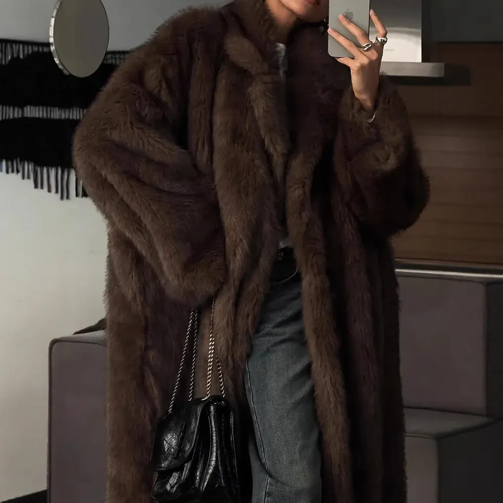 Faux Fur Fluffy Fox Brown Maxi Fur Coat Brown