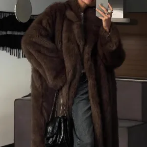 Faux Fur Fluffy Fox Brown Maxi Fur Coat Brown