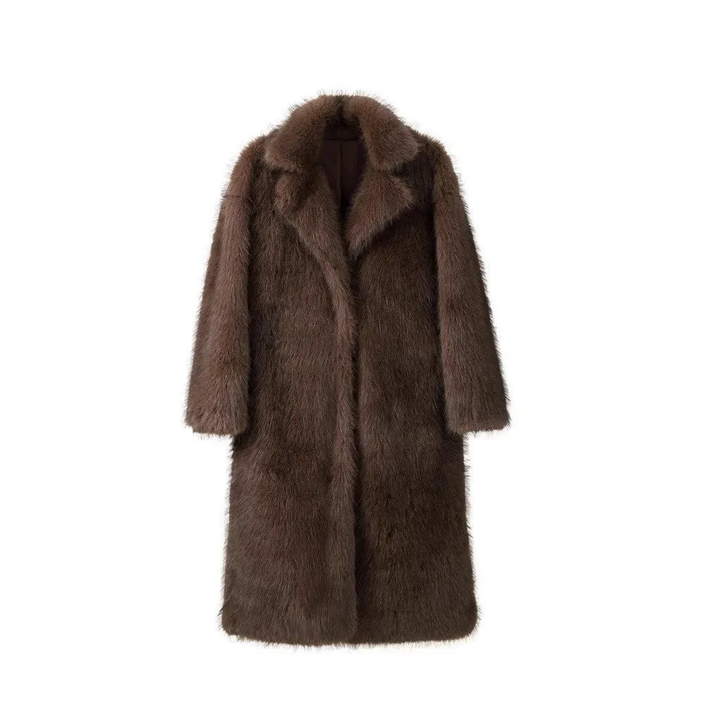 Faux Fur Fluffy Fox Brown Maxi Fur Coat Brown
