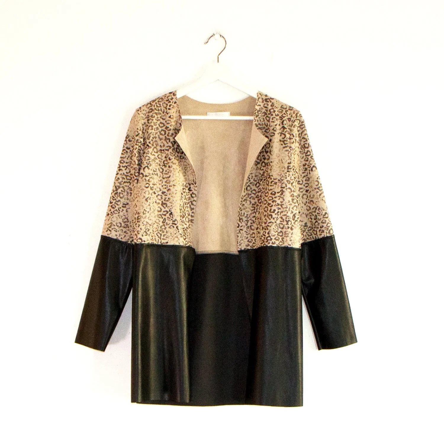 Faux suede Leopard print collarless jacket with PU Panel